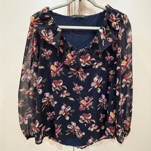 Dark Blue Floral Blouse with Ruffles